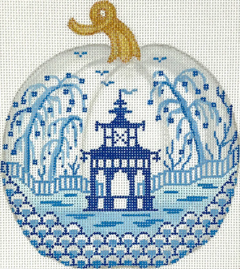 OM-338 Mini Chinoiserie Pumpkin – Large Round w/ Pagoda & Willows – white w/ blues & golds