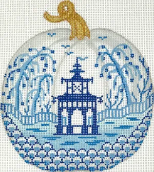 OM-338 Mini Chinoiserie Pumpkin – Large Round w/ Pagoda & Willows – white w/ blues & golds