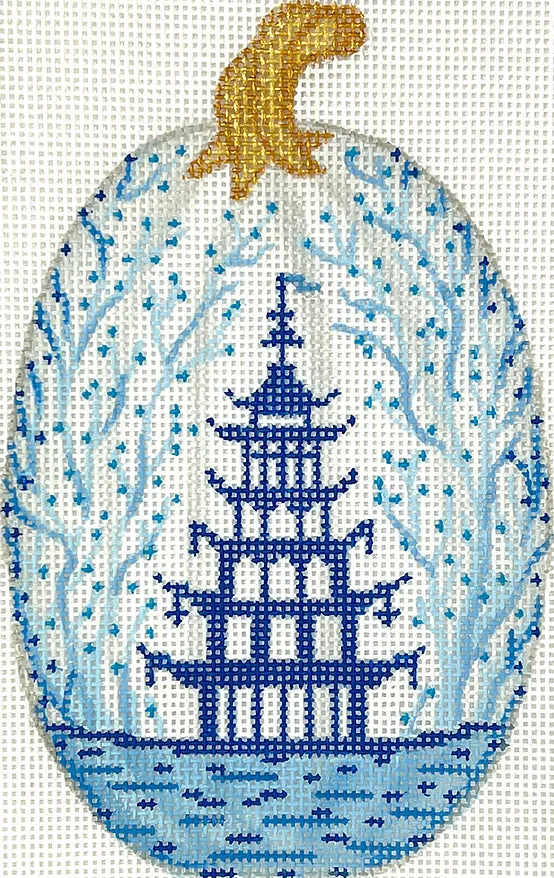 OM-339 Mini Chinoiserie Pumpkin – Tall & Thin w/ Pagoda & Vines – white w/ blues & golds