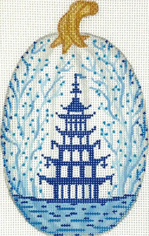 OM-339 Mini Chinoiserie Pumpkin – Tall & Thin w/ Pagoda & Vines – white w/ blues & golds