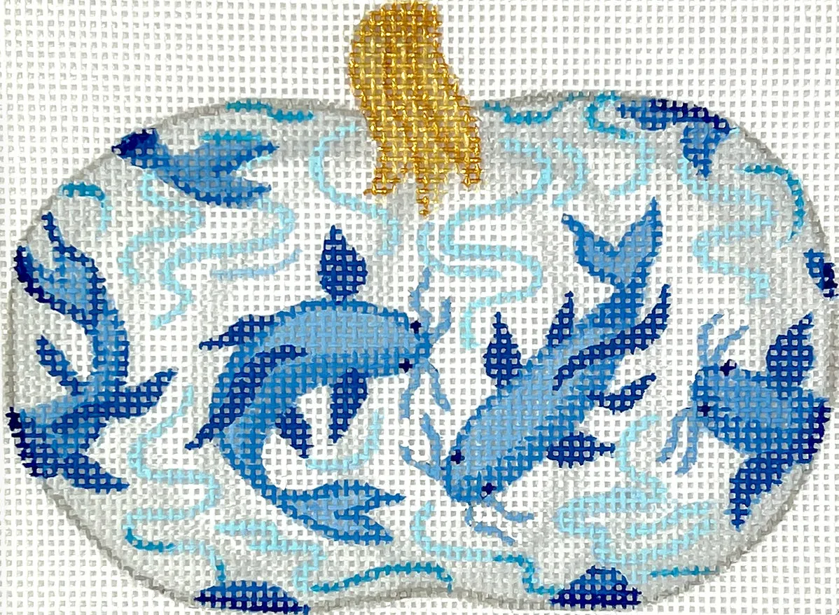 OM-340 Mini Chinoiserie Pumpkin – Short & Wide w/ Koi Fish & Waves – white w/ blues & golds