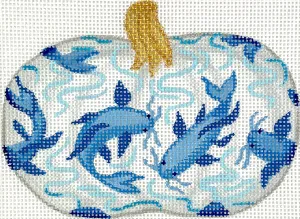 OM-340 Mini Chinoiserie Pumpkin – Short & Wide w/ Koi Fish & Waves – white w/ blues & golds