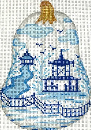 OM-342 Mini Chinoiserie Pumpkin – Tall Gourd Shaped w/ Pagodas & Fence – white w/ blues & golds