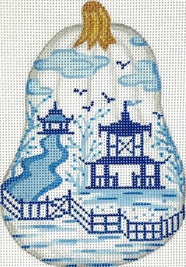 OM-342 Mini Chinoiserie Pumpkin – Tall Gourd Shaped w/ Pagodas & Fence – white w/ blues & golds