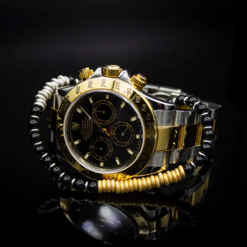 Onix Stone Beaded Bracelet with White & Yellow Gold [TWO TONE]
