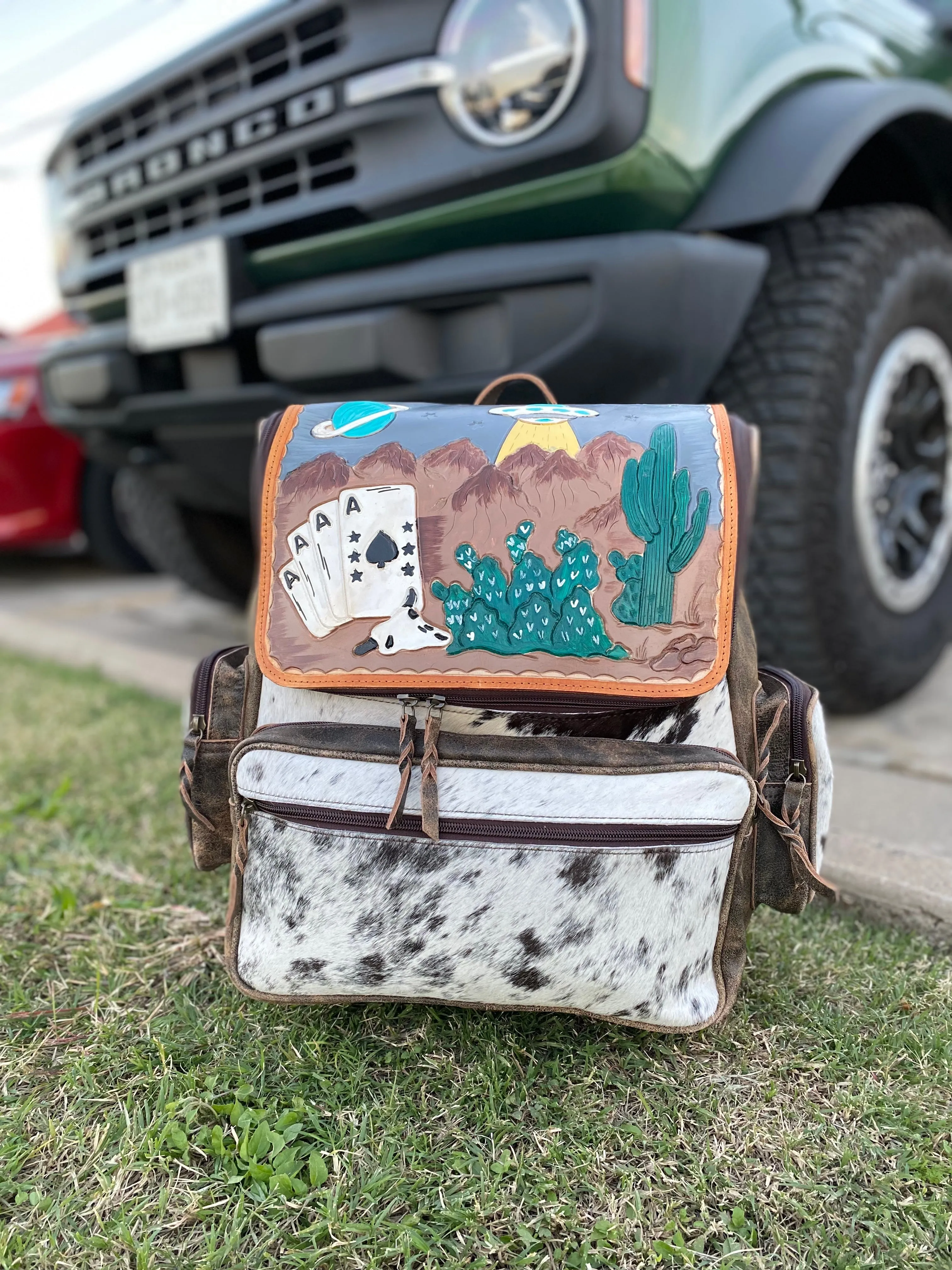 Ovni Tooled Leather & Cowhide Backpack   