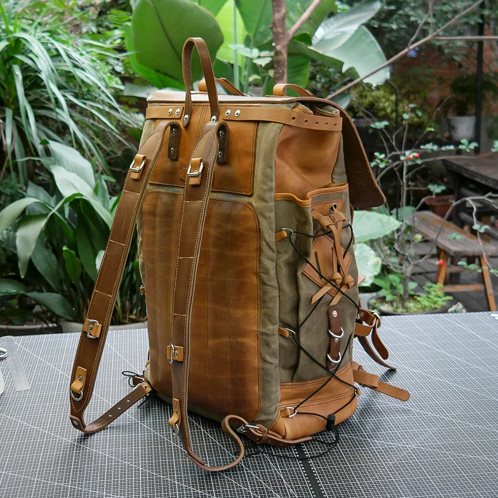 【Physical Patterns】Waxed canvas and leather backpack 45 liter handmade leather waxed backpack, suitable for travel, camping, hunting, hiking