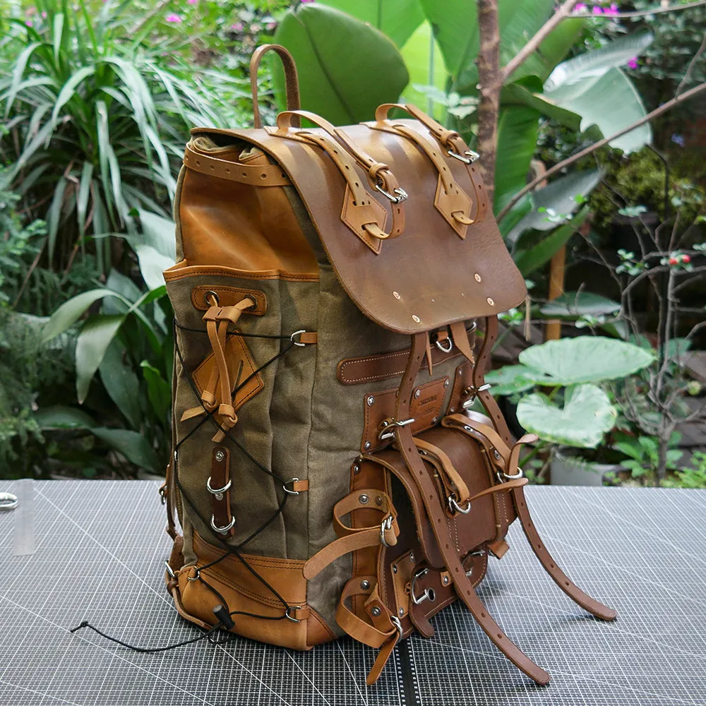 【Physical Patterns】Waxed canvas and leather backpack 45 liter handmade leather waxed backpack, suitable for travel, camping, hunting, hiking