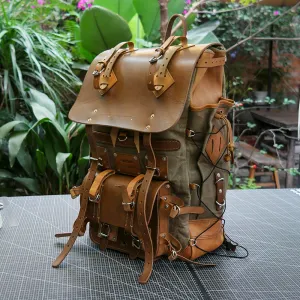 【Physical Patterns】Waxed canvas and leather backpack 45 liter handmade leather waxed backpack, suitable for travel, camping, hunting, hiking