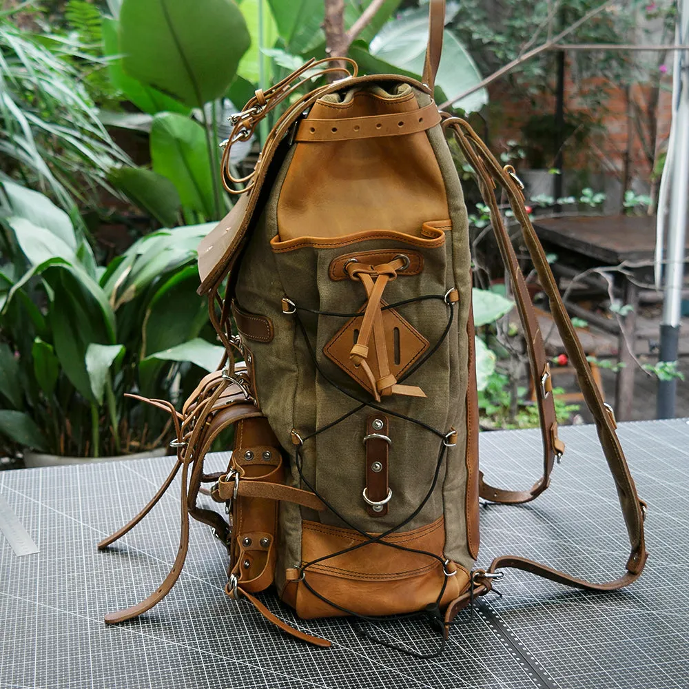 【Physical Patterns】Waxed canvas and leather backpack 45 liter handmade leather waxed backpack, suitable for travel, camping, hunting, hiking