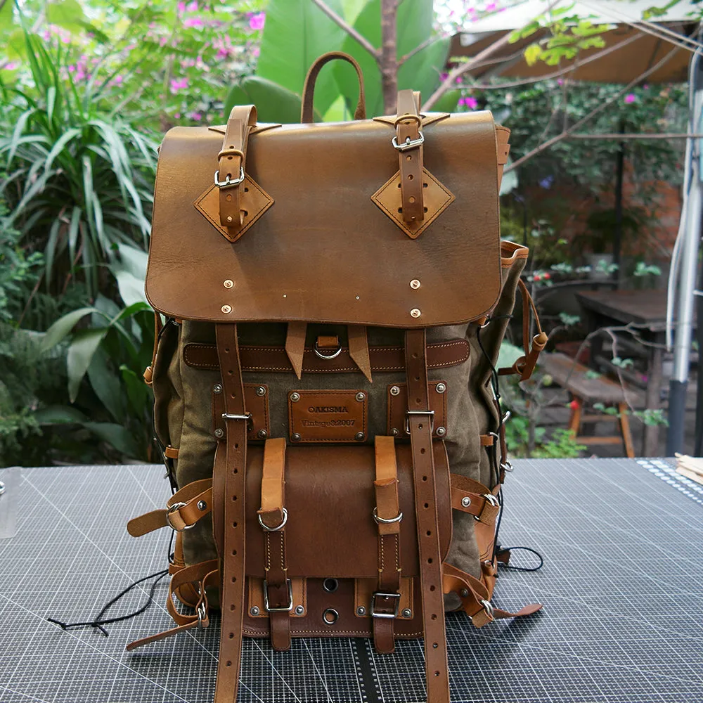 【Physical Patterns】Waxed canvas and leather backpack 45 liter handmade leather waxed backpack, suitable for travel, camping, hunting, hiking
