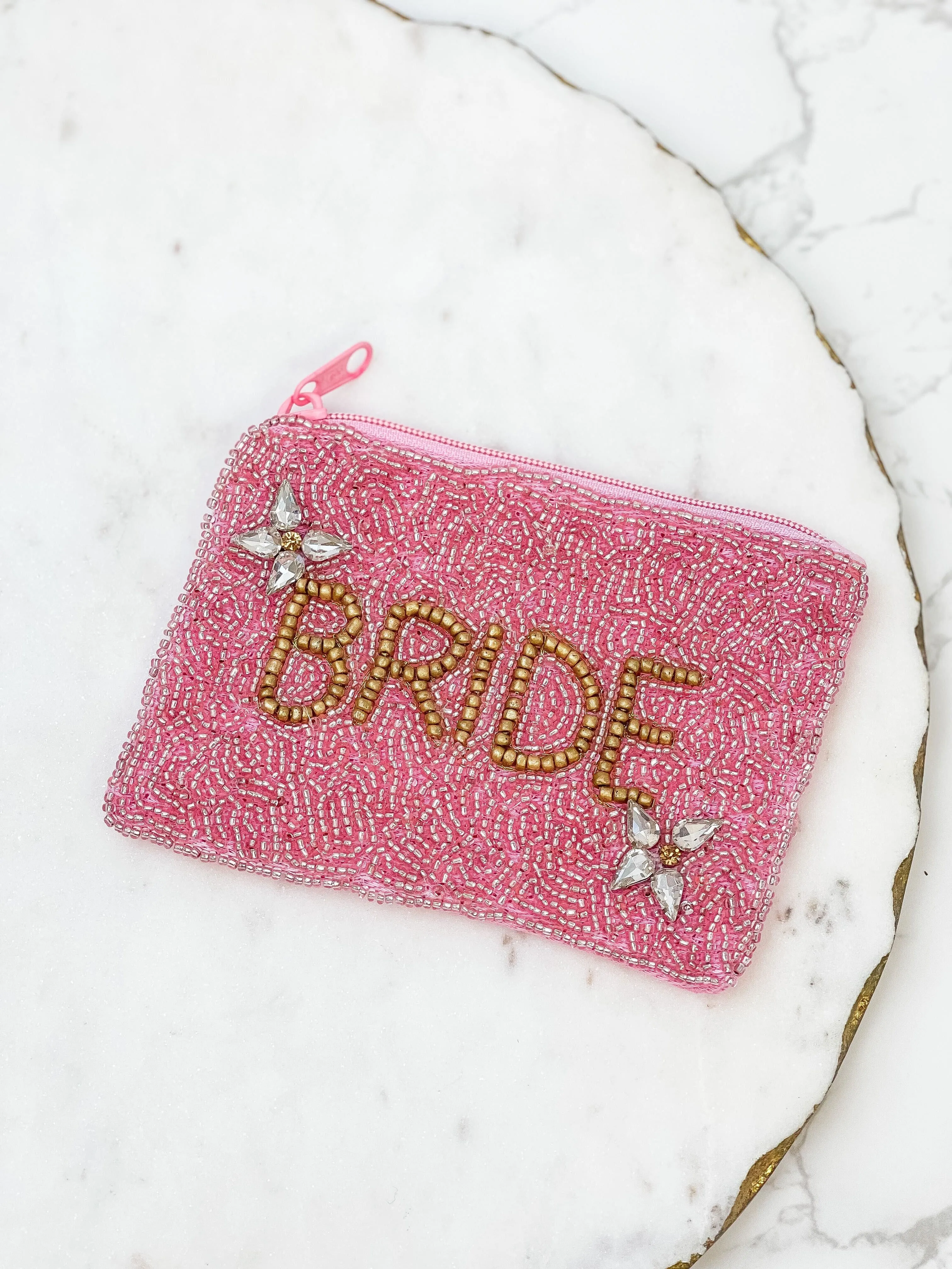 Pink 'Bride" Rhinestone Beaded Zip Pouch