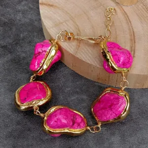 Pink Turquoise Freeform Shaped With Gold Plated Bezel Beaded Bracelet