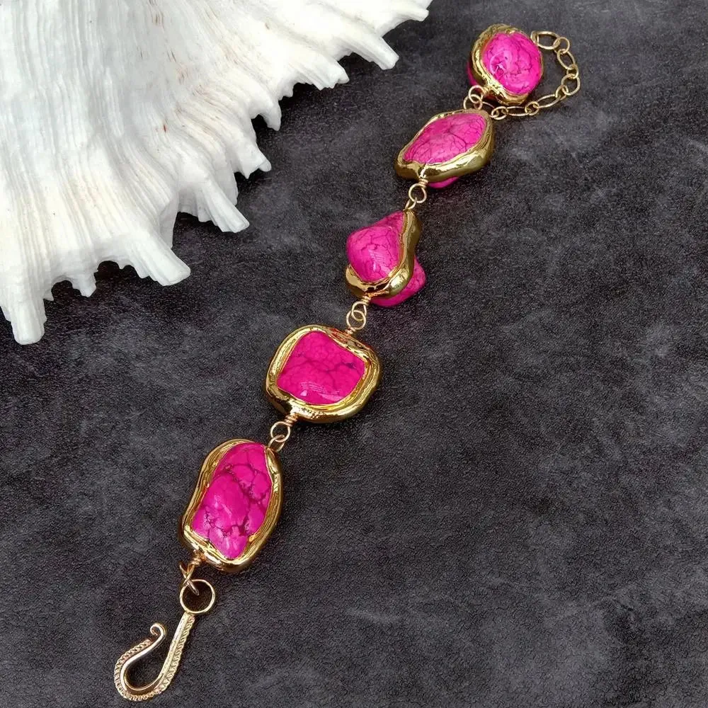 Pink Turquoise Freeform Shaped With Gold Plated Bezel Beaded Bracelet
