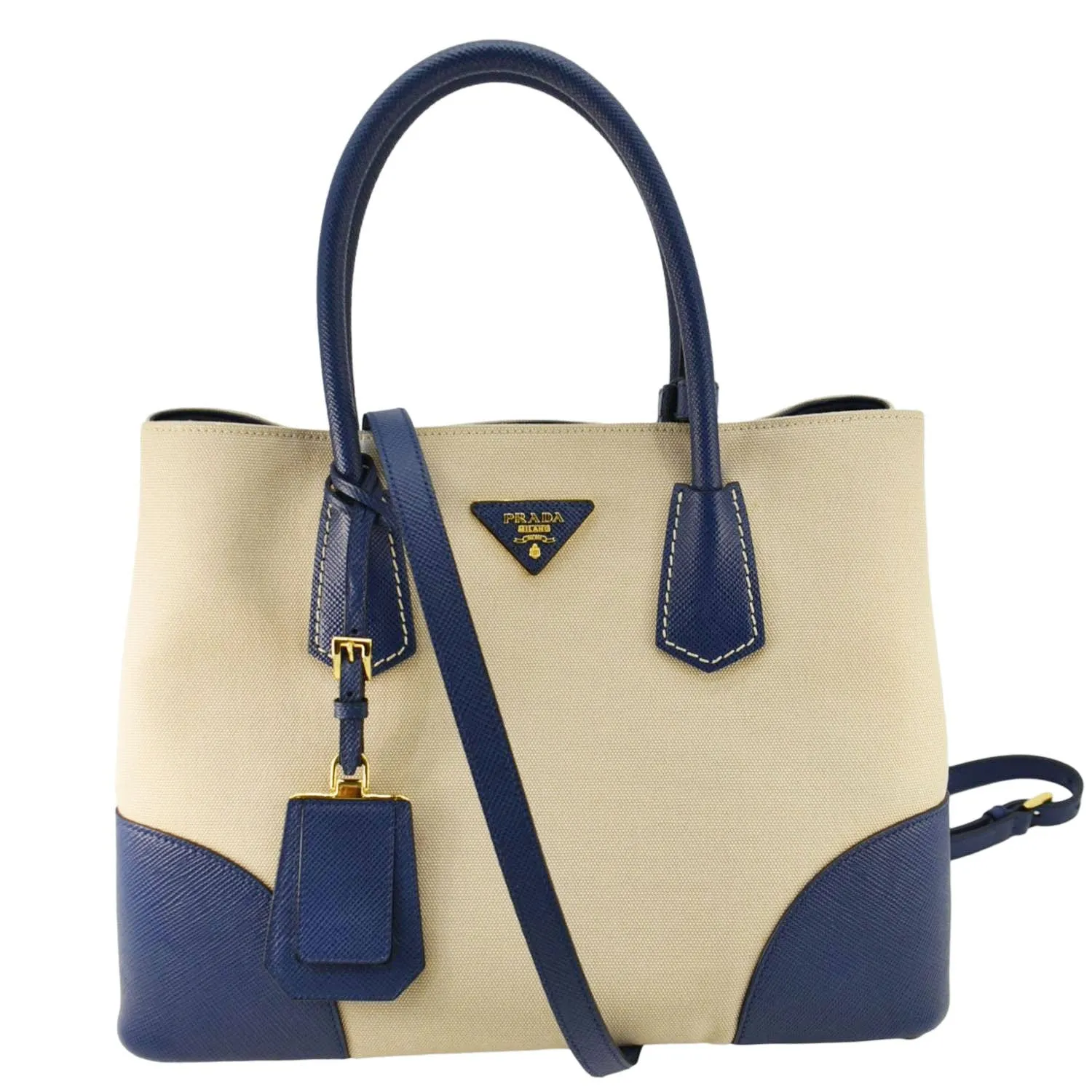 PRADA Double Handle Canvas Tote Shoulder Bag Beige