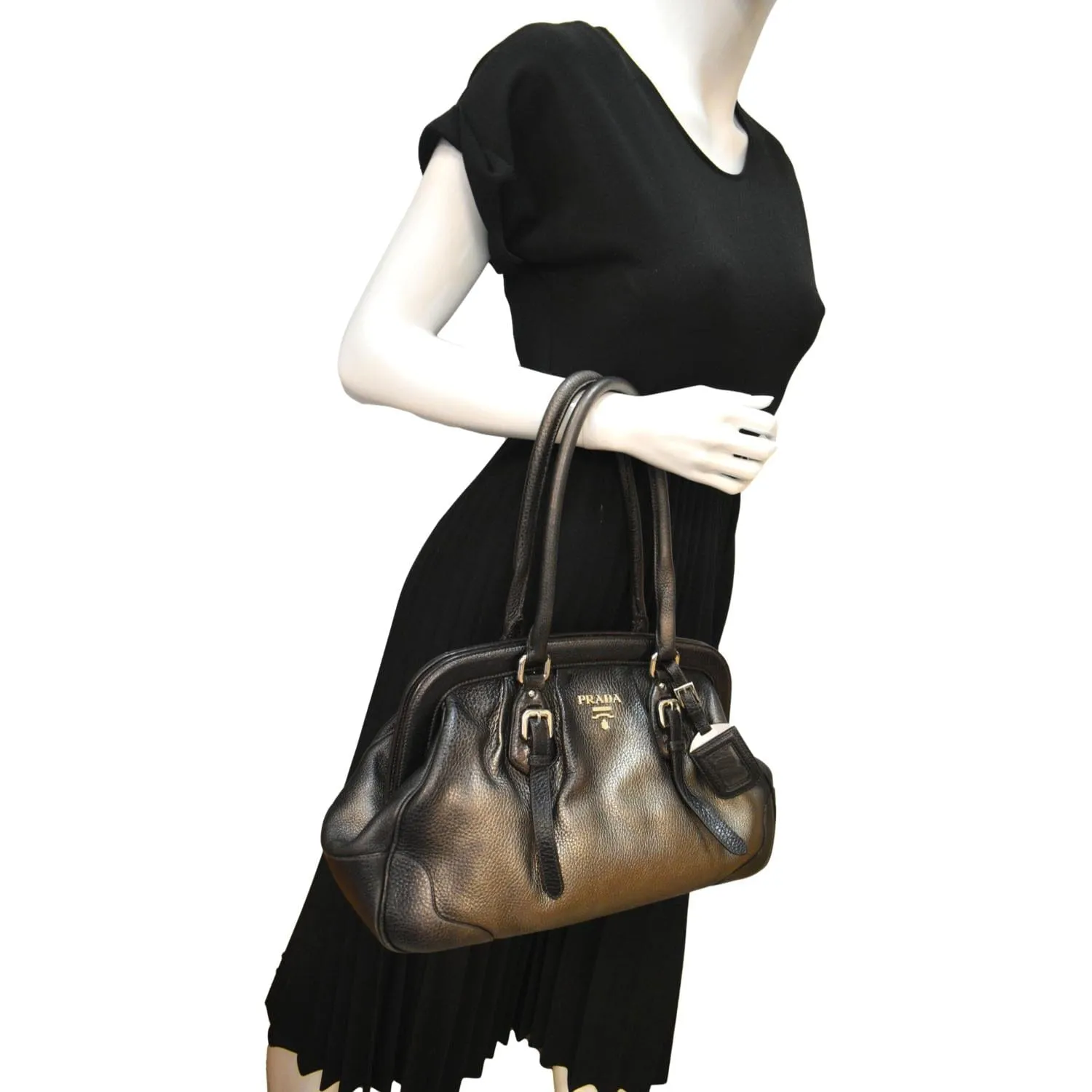 PRADA Gradient Antik Frame Leather Satchel Bag Bronze Metallic