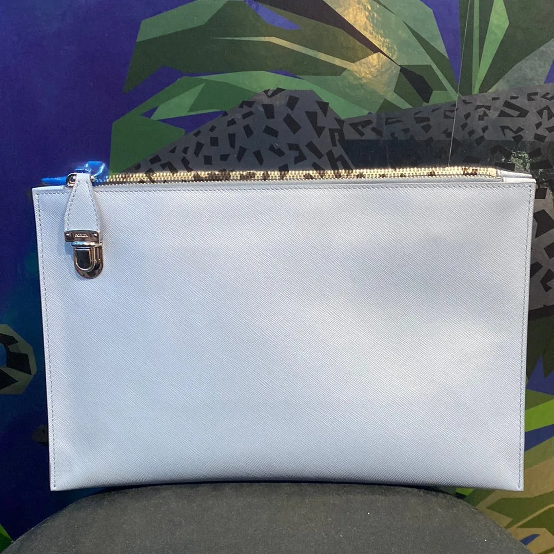 Prada Pale Blue Saffiano Leather Top Zip Pochette