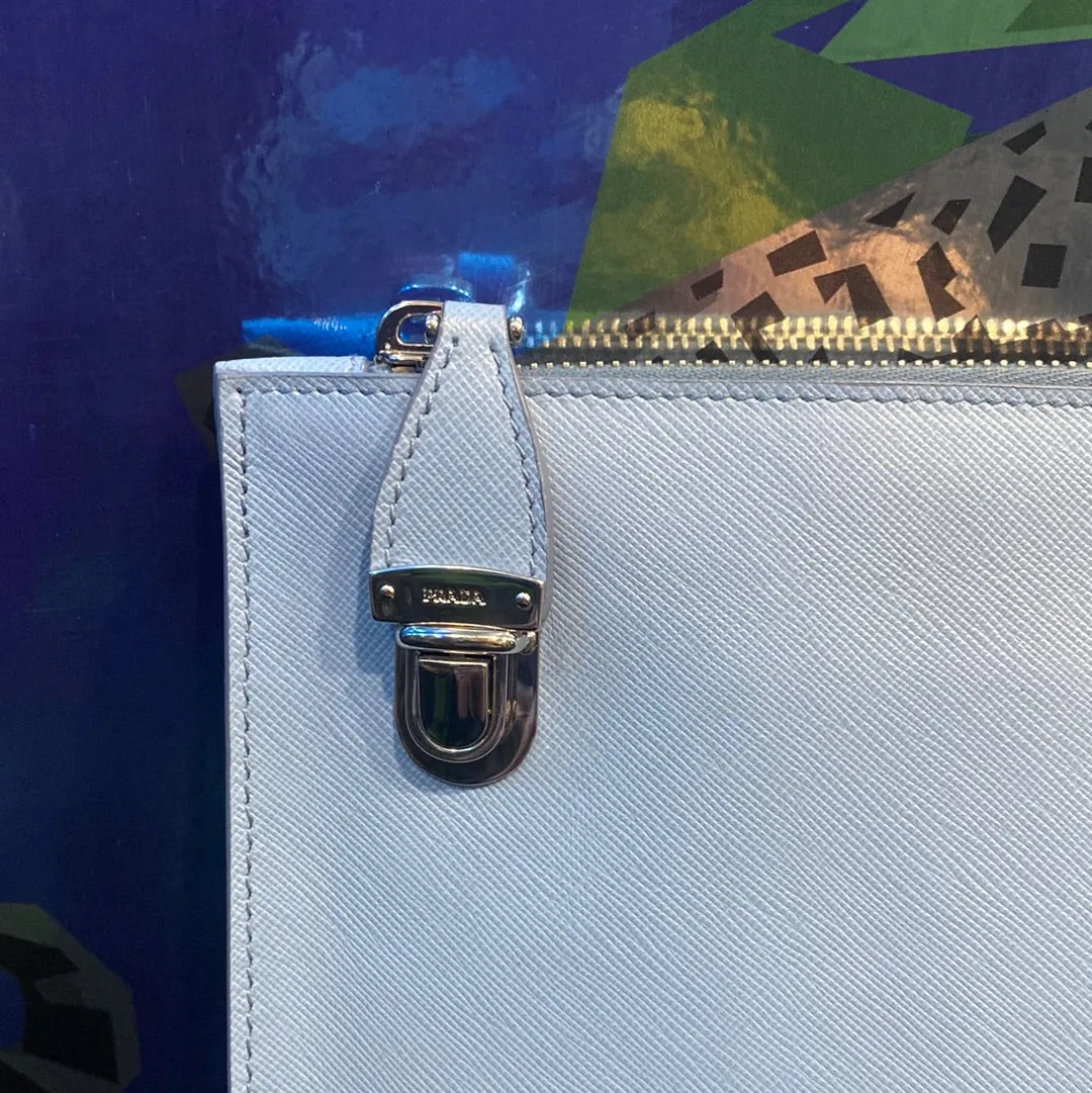Prada Pale Blue Saffiano Leather Top Zip Pochette