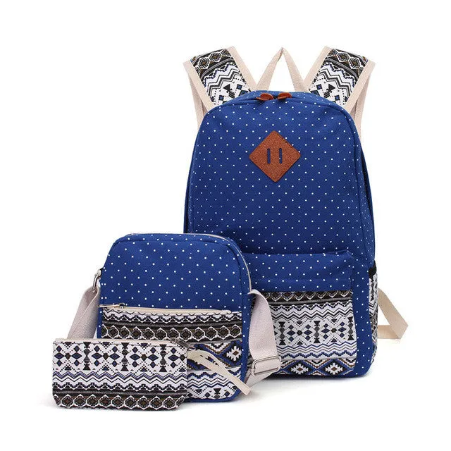 Printed Canvas Backpack for Women - 3 PCS/Set
