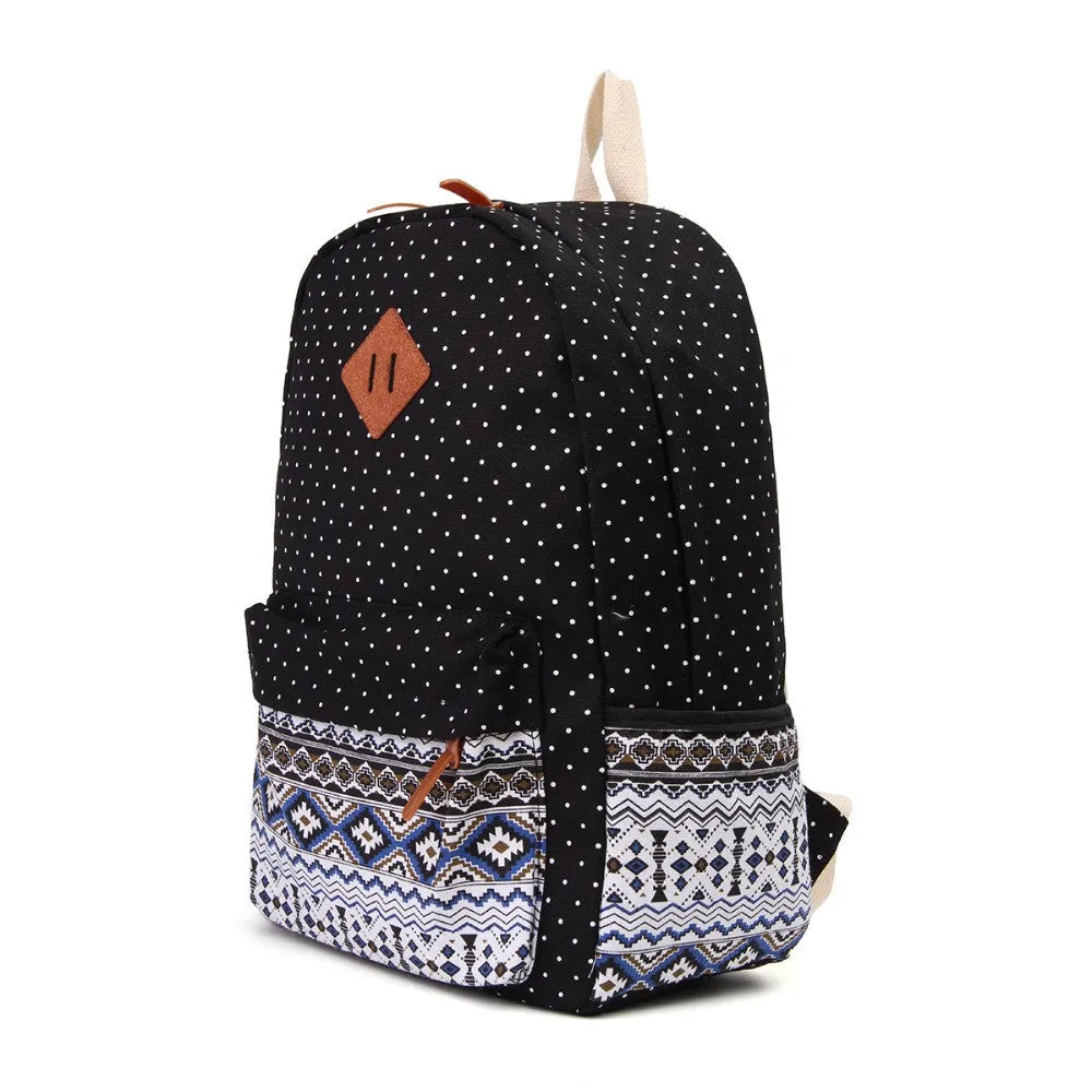Printed Canvas Backpack for Women - 3 PCS/Set