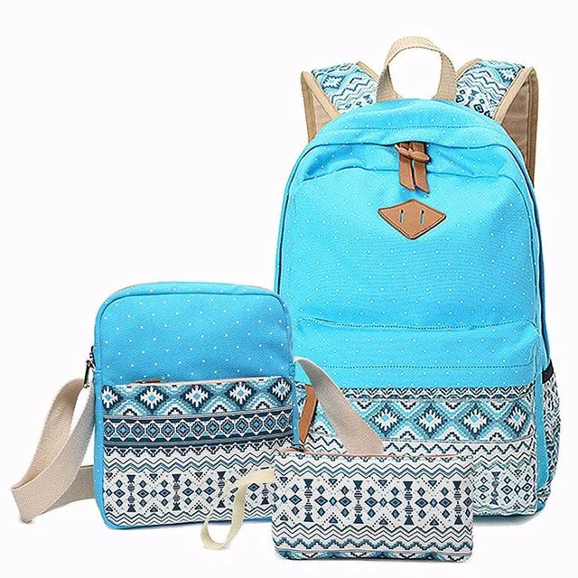 Printed Canvas Backpack for Women - 3 PCS/Set