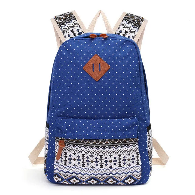 Printed Canvas Backpack for Women - 3 PCS/Set