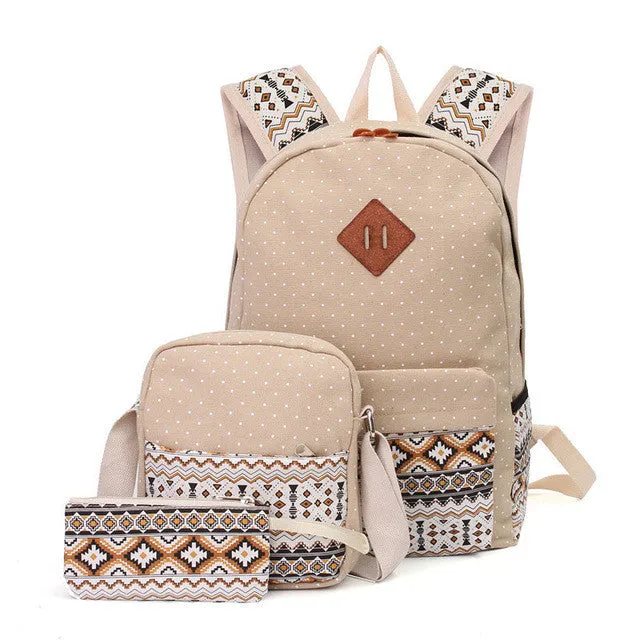 Printed Canvas Backpack for Women - 3 PCS/Set