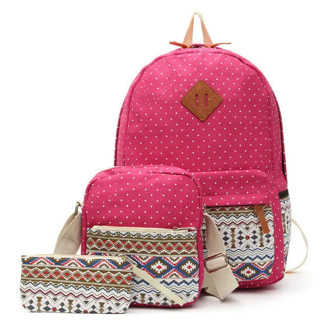 Printed Canvas Backpack for Women - 3 PCS/Set
