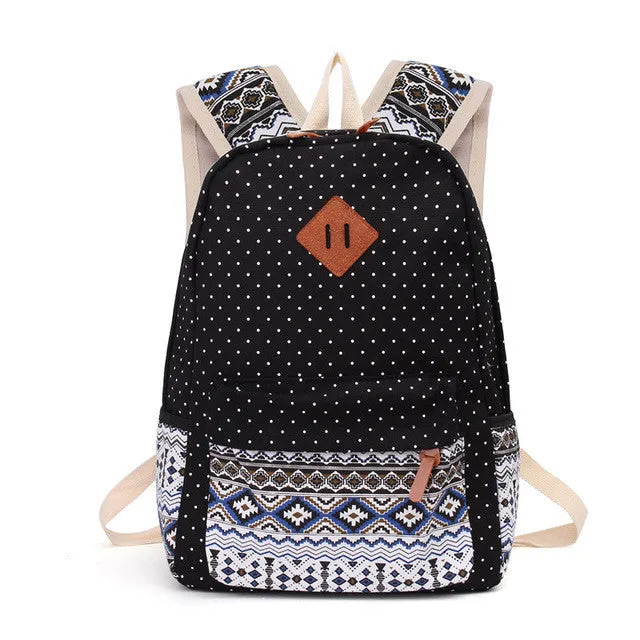 Printed Canvas Backpack for Women - 3 PCS/Set
