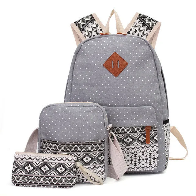 Printed Canvas Backpack for Women - 3 PCS/Set