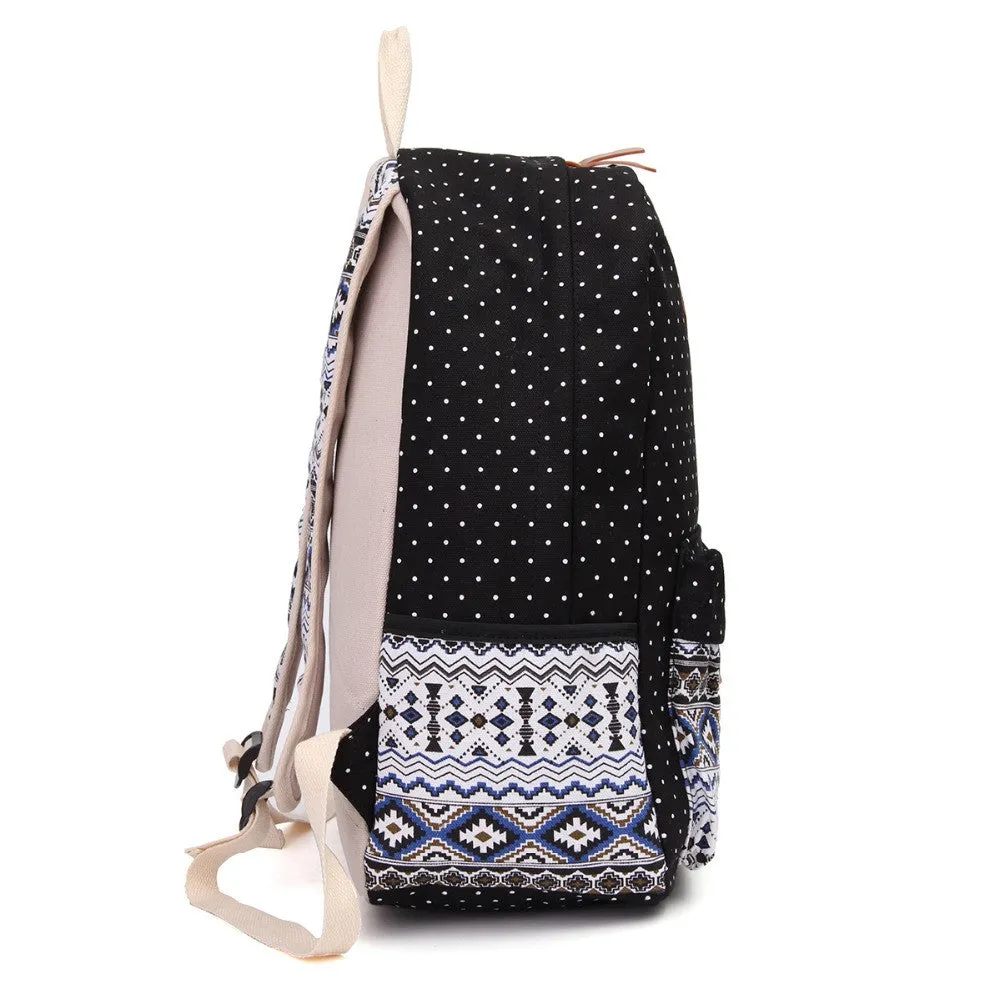 Printed Canvas Backpack for Women - 3 PCS/Set
