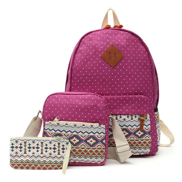 Printed Canvas Backpack for Women - 3 PCS/Set