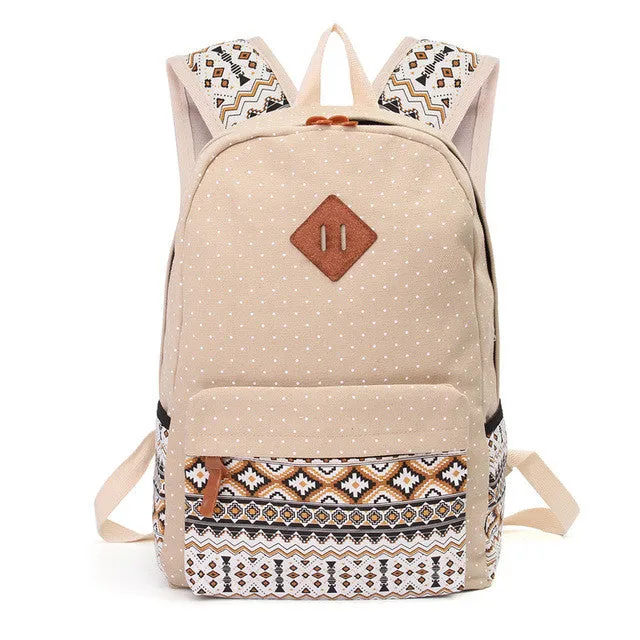 Printed Canvas Backpack for Women - 3 PCS/Set