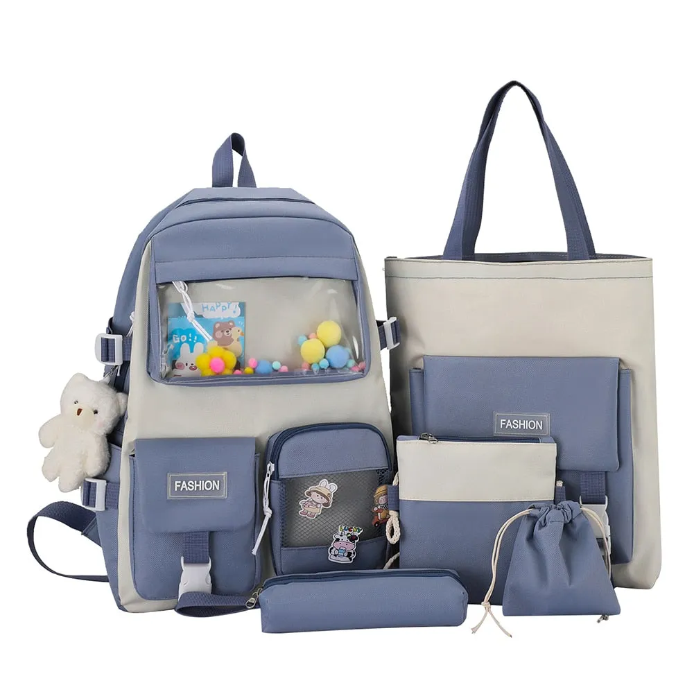 Realaiot 5pcs/set Women Backpacks Kawaii Bookbags for Middle High School Teenager Students School Bags Rucksack Mochila Pencil Case Set