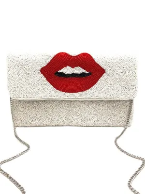 Red Lips Beaded Clutch Bag White (PRE)