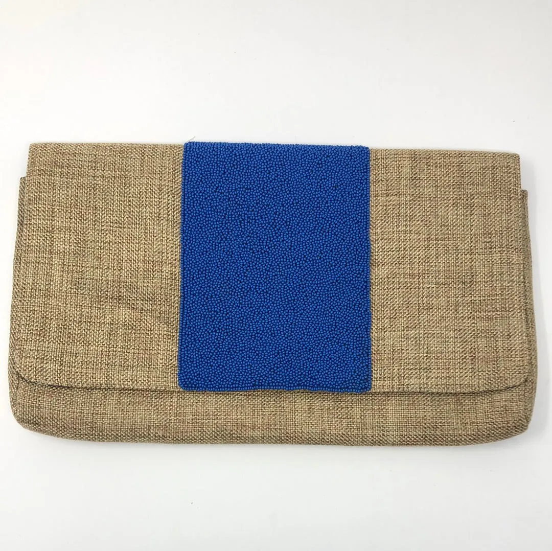 Roberta Roller Rabbit Burlap and Blue Beaded Clutch