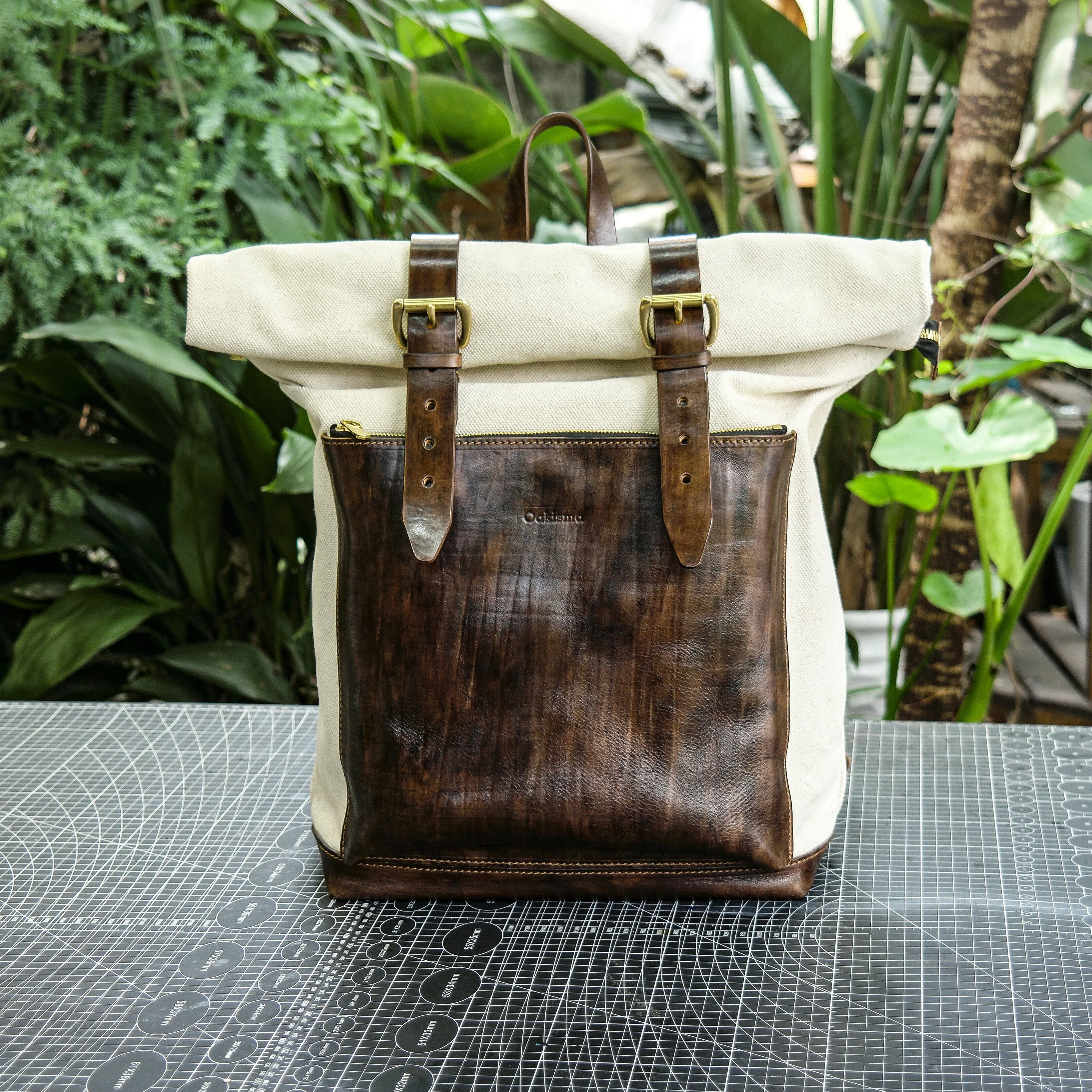 Roll top canvas backpack, Hand dyed plant tanned leather, hiking and camping