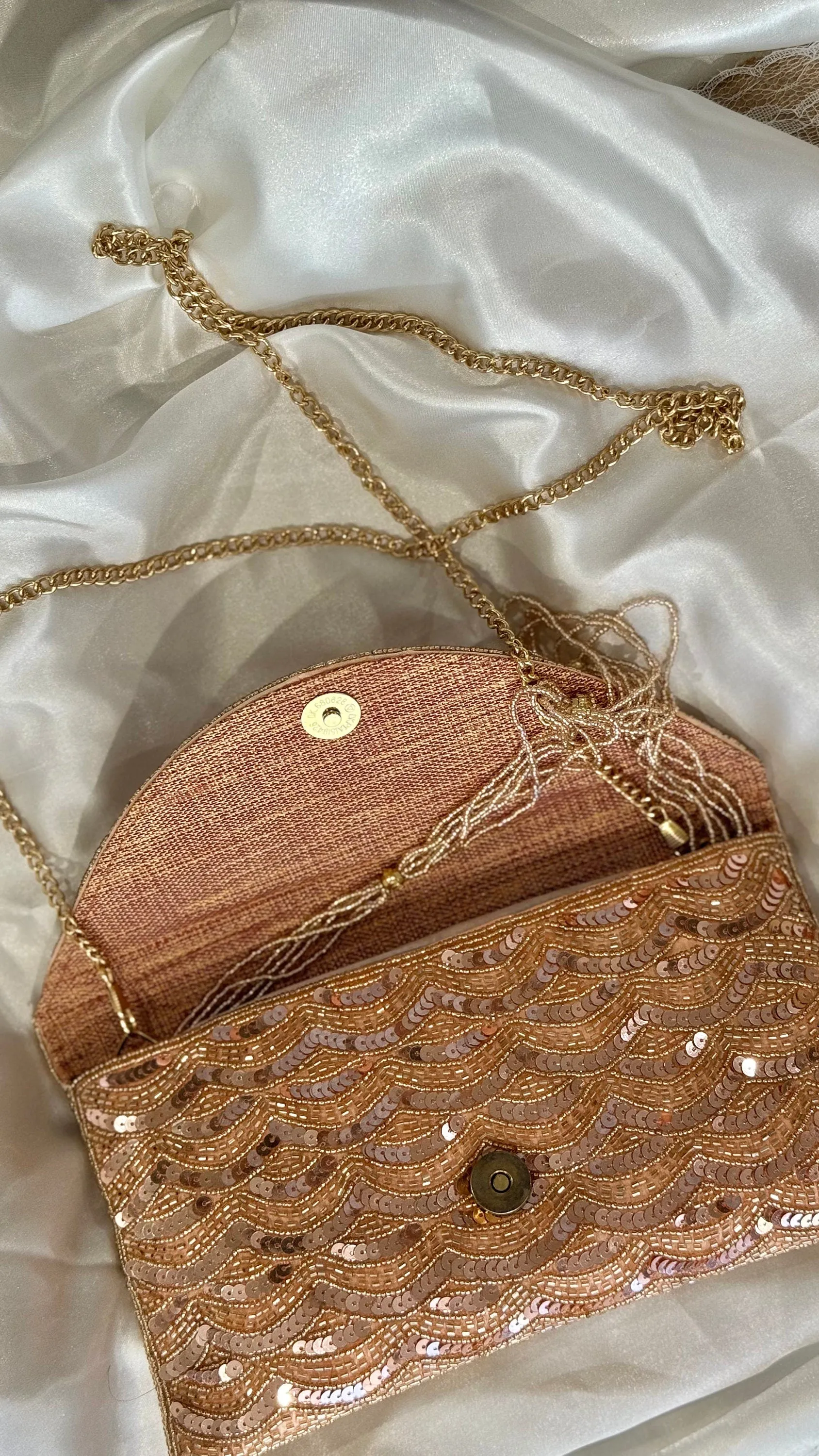Rose Gold Sequin and Bead Embellished Clutch | Handmade Evening Wristlet | Envelope Evening Bag | Bridal Clutch | Shoulder Bag | Crossbody
