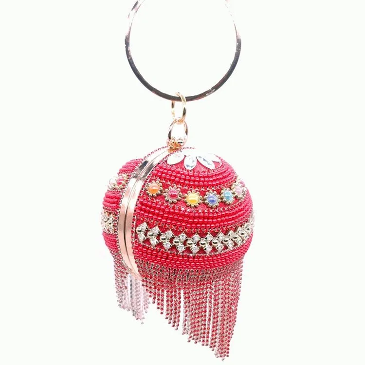 Round Ladies Evening Beaded Tassel Clutch Purse