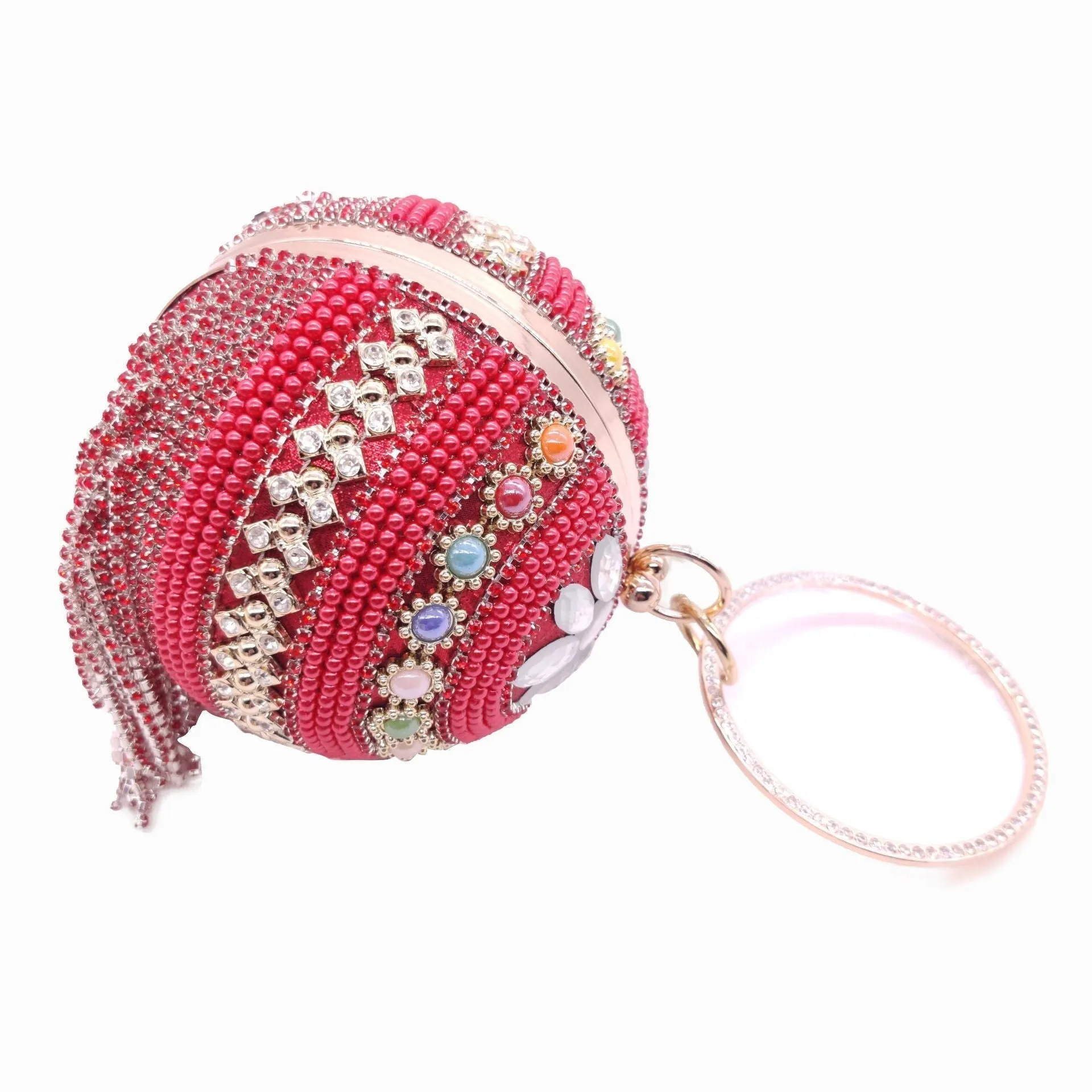 Round Ladies Evening Beaded Tassel Clutch Purse