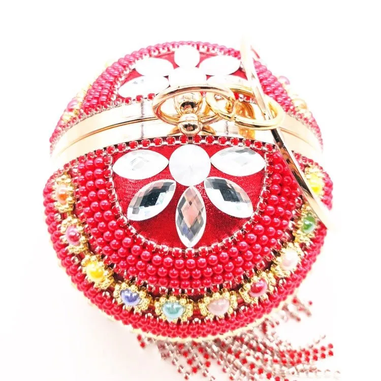Round Ladies Evening Beaded Tassel Clutch Purse