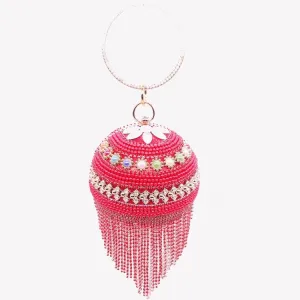 Round Ladies Evening Beaded Tassel Clutch Purse