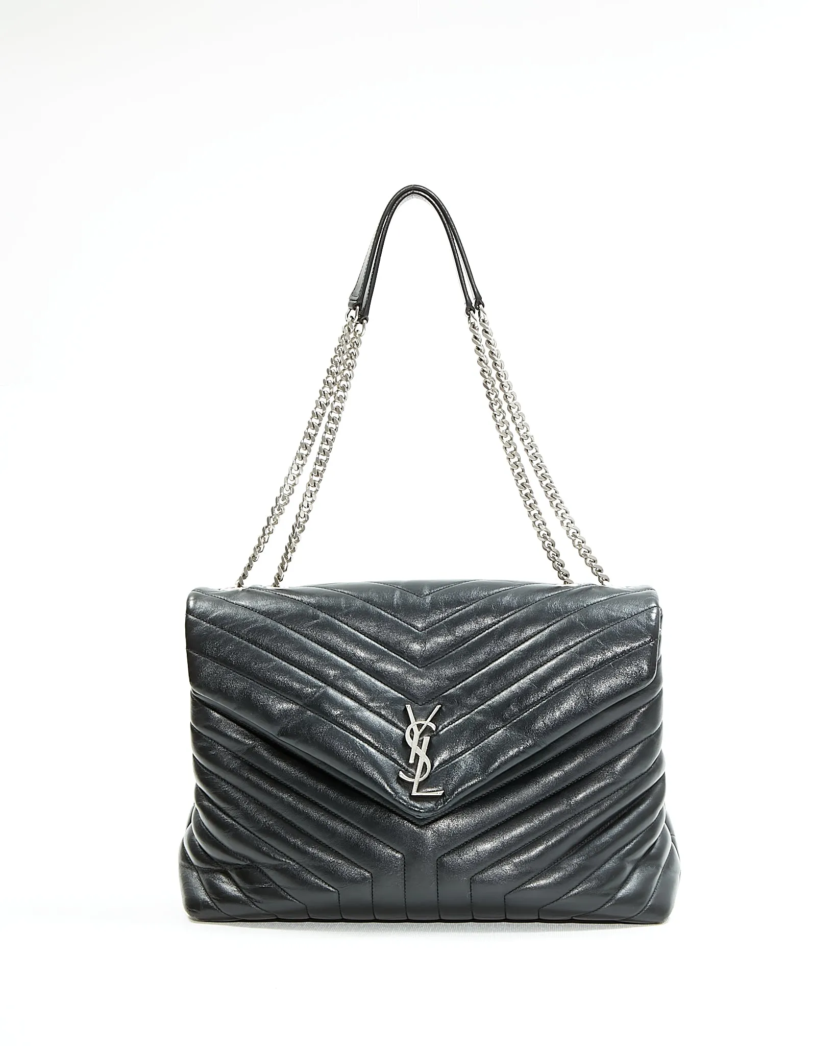 Saint Laurent Black Chevron Large LouLou Matelasse Chain Bag