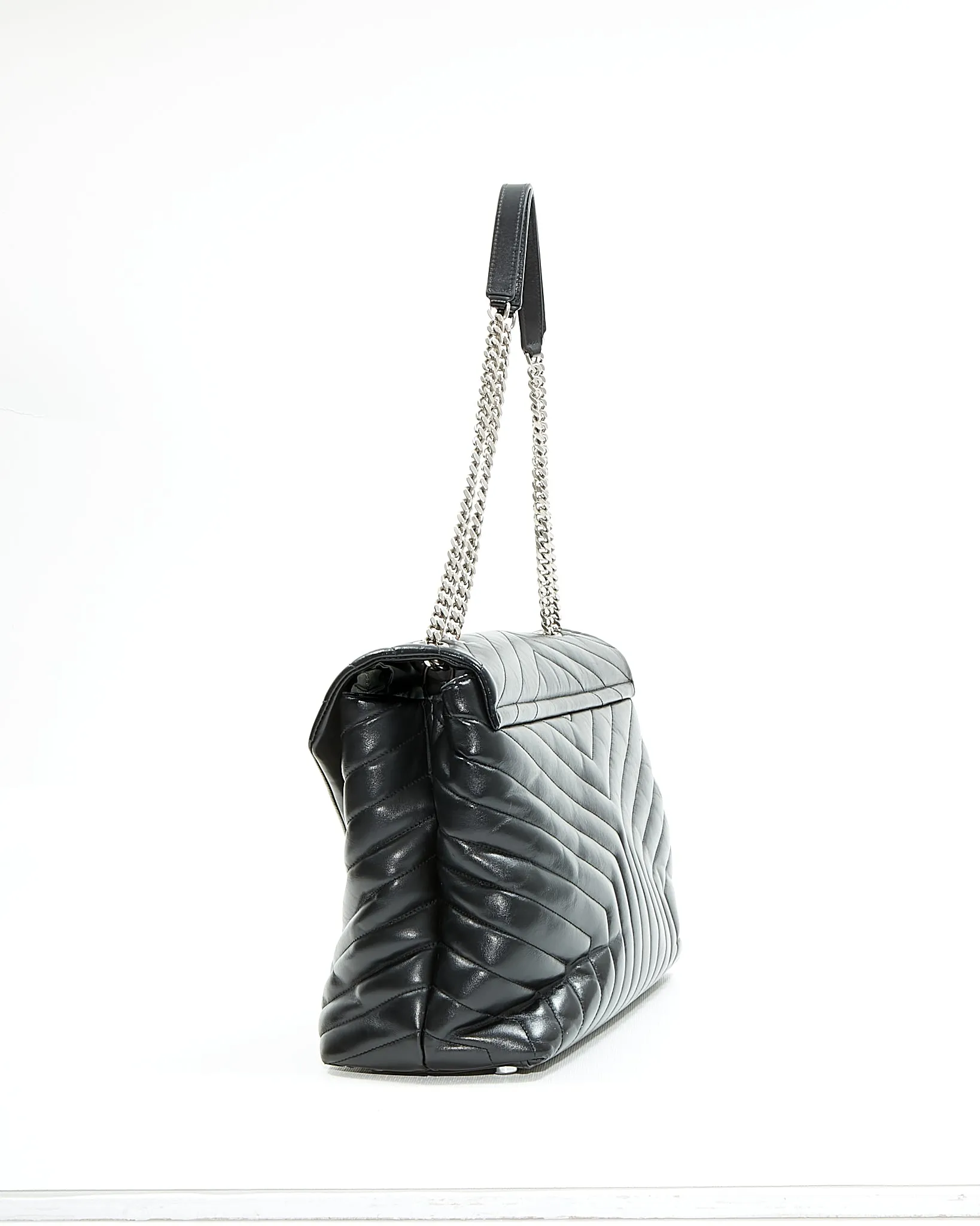 Saint Laurent Black Chevron Large LouLou Matelasse Chain Bag