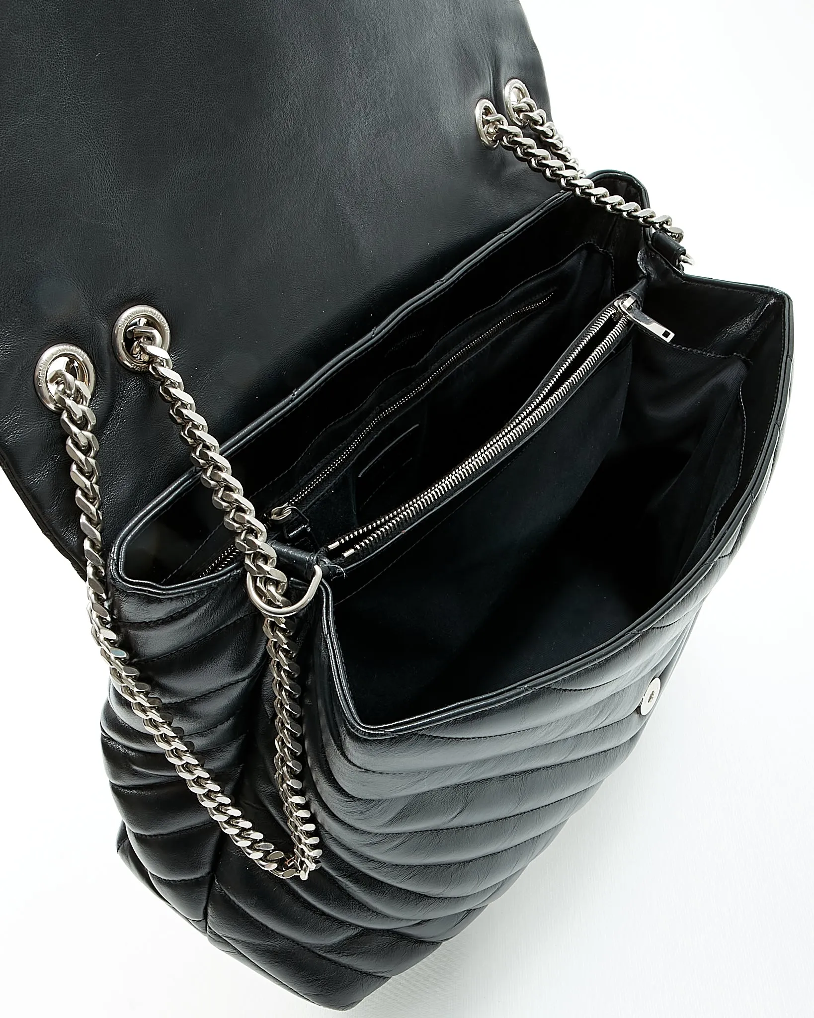 Saint Laurent Black Chevron Large LouLou Matelasse Chain Bag