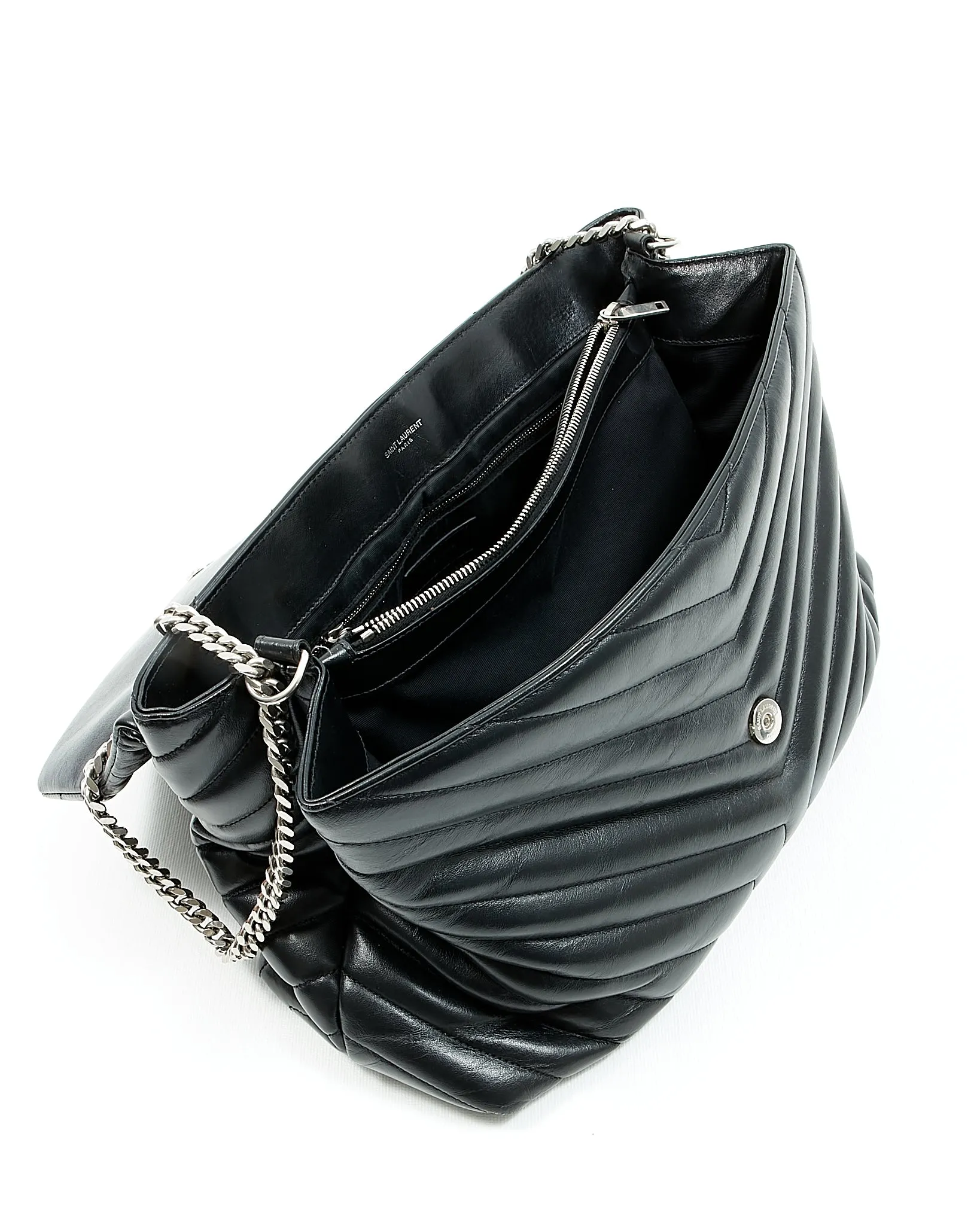 Saint Laurent Black Chevron Large LouLou Matelasse Chain Bag