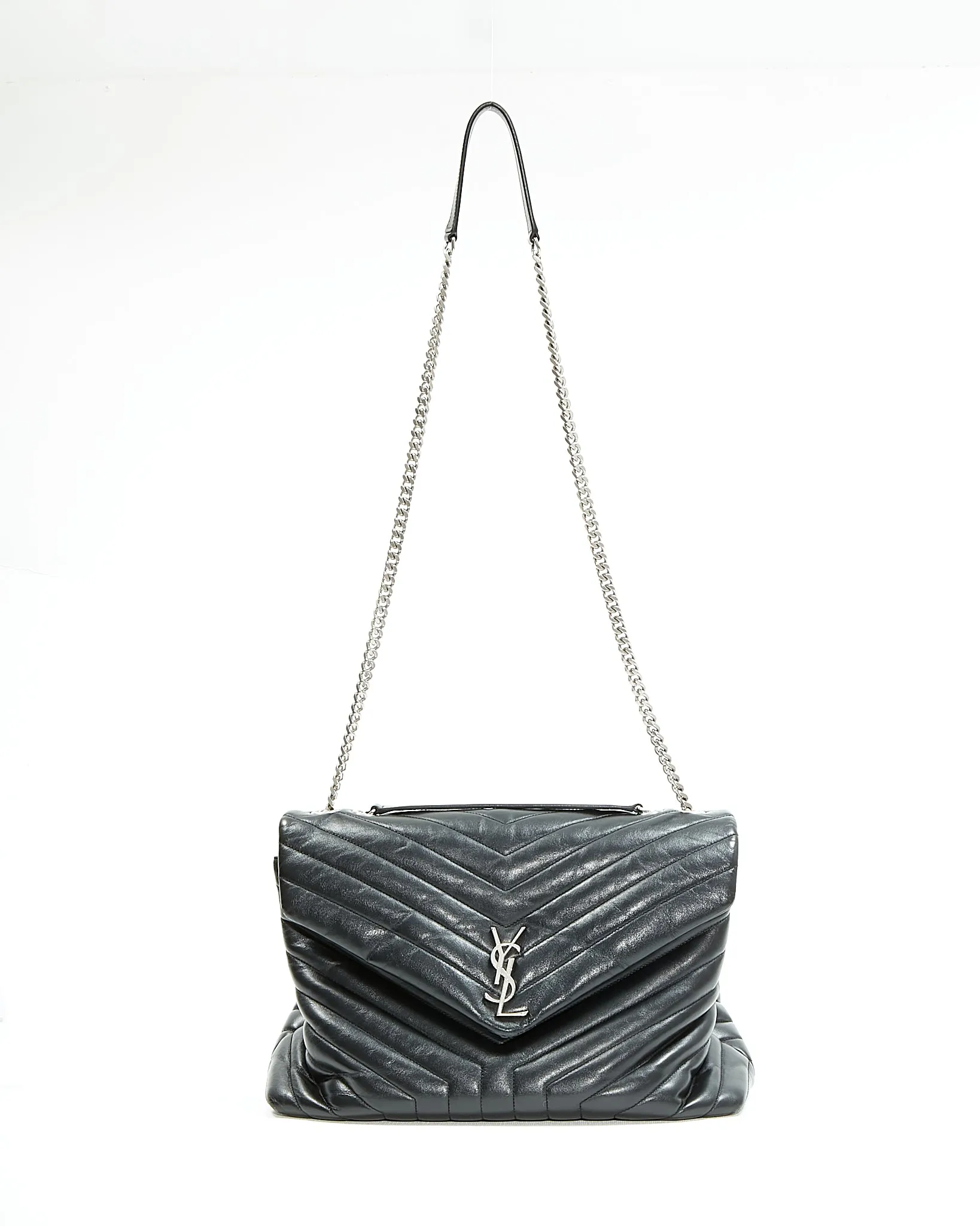 Saint Laurent Black Chevron Large LouLou Matelasse Chain Bag