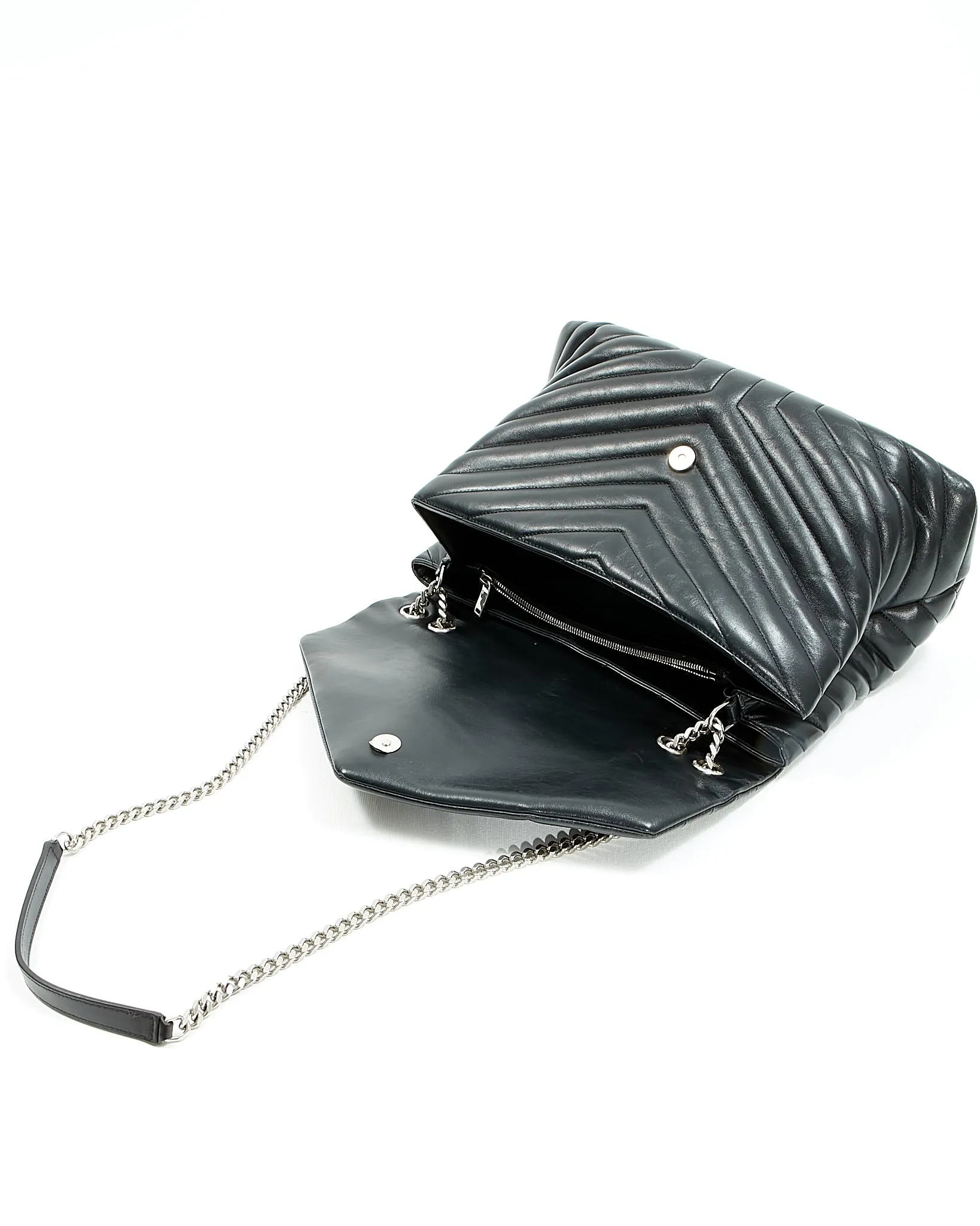 Saint Laurent Black Chevron Large LouLou Matelasse Chain Bag
