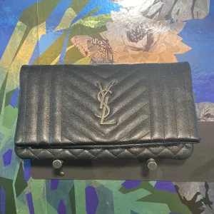 Saint Laurent Black Leather Folded Clutch with Matte Silver YSL Logo