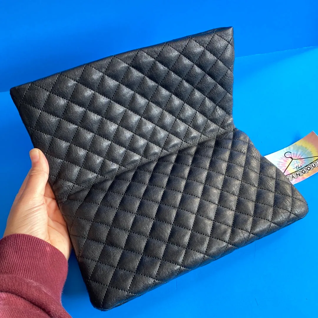 Saint Laurent Black Leather Folded Clutch with Matte Silver YSL Logo